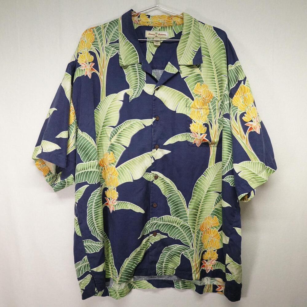 Tommy Bahama Shirt Mens 2XL Hawaiian Camp Tropical Banana Leaf 100% Silk